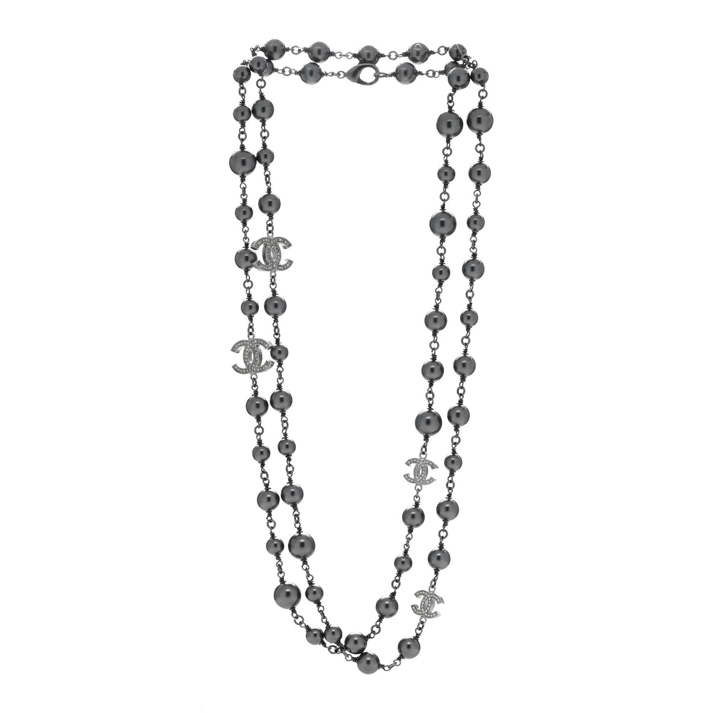 Crystal Pearl Beaded CC Long Necklace Ruthenium
