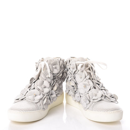 Chanel Lambskin Striped Camellia High Top Sneakers 38 Grey 5 of 10