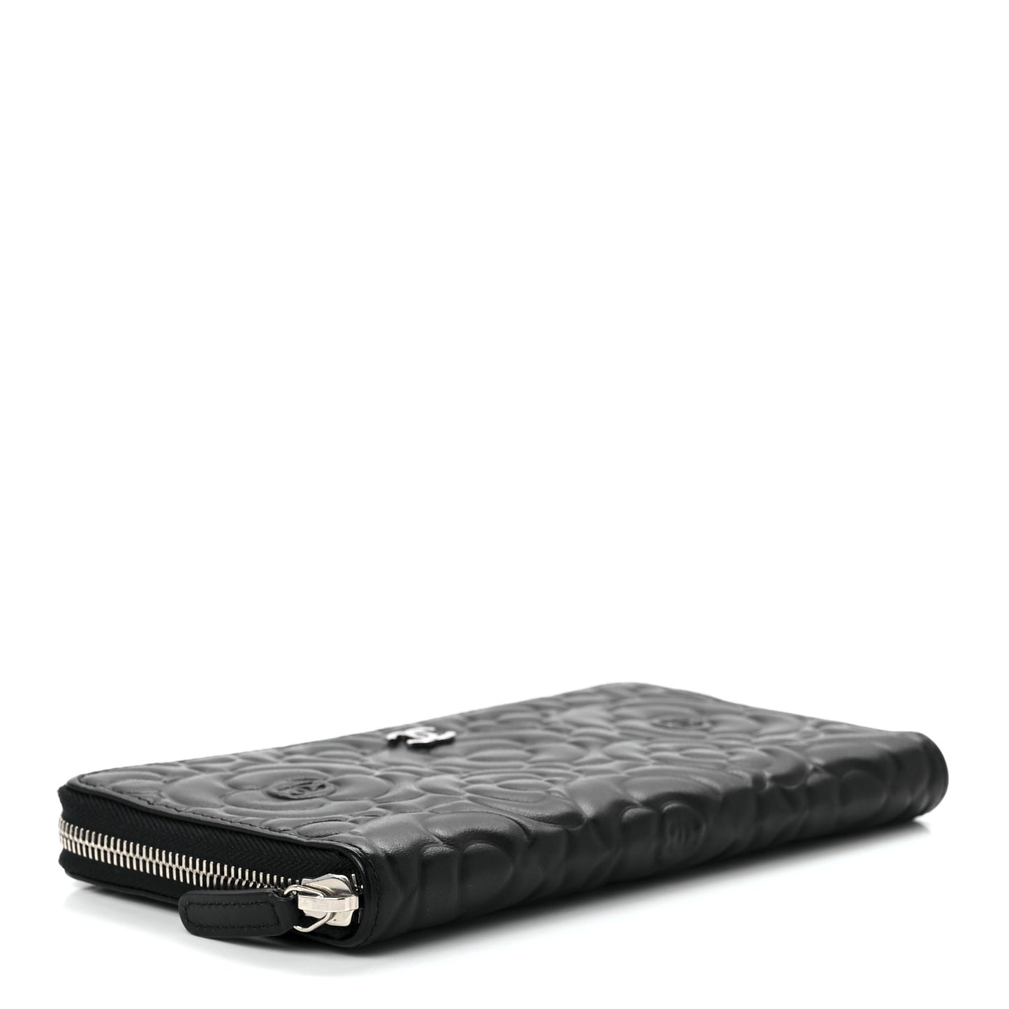 Lambskin Camellia Embossed Large Zip Around Gusset Wallet Black