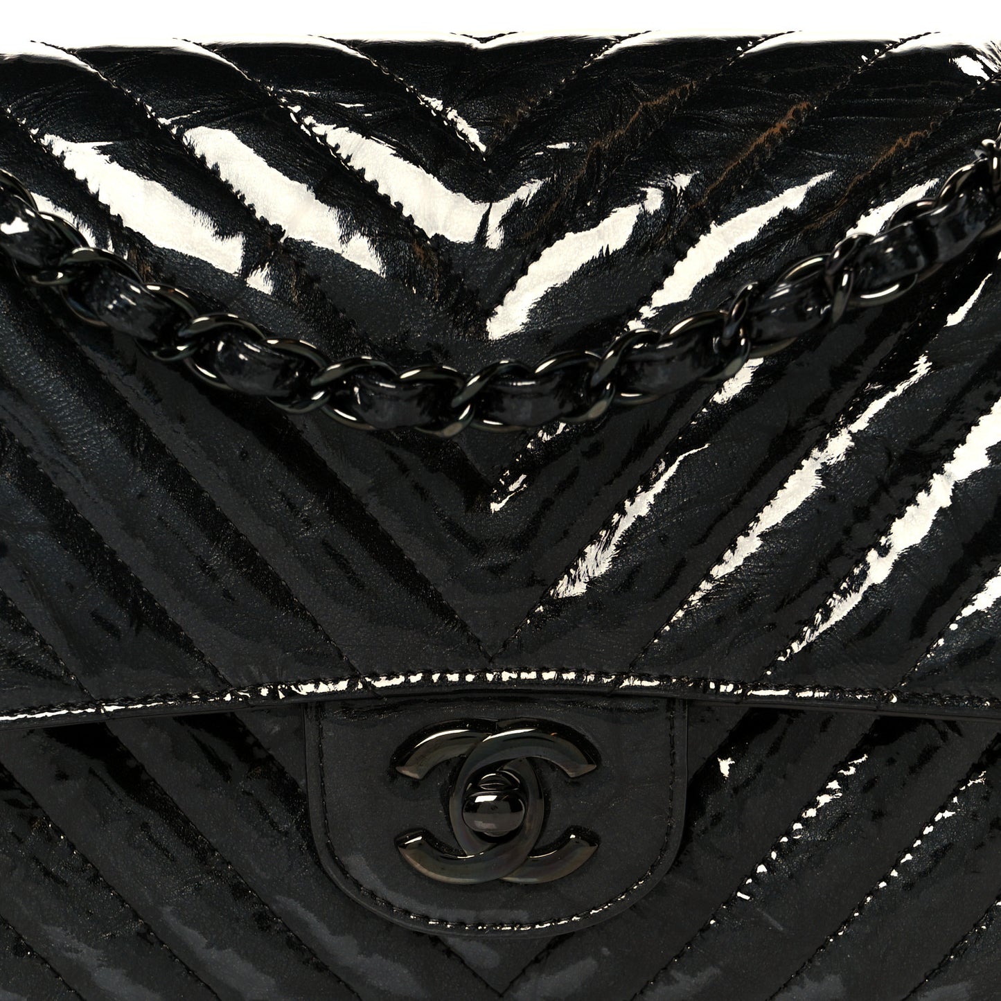 Metallic Patent Crumpled Calfskin Chevron Quilted Medium Double Flap So Black