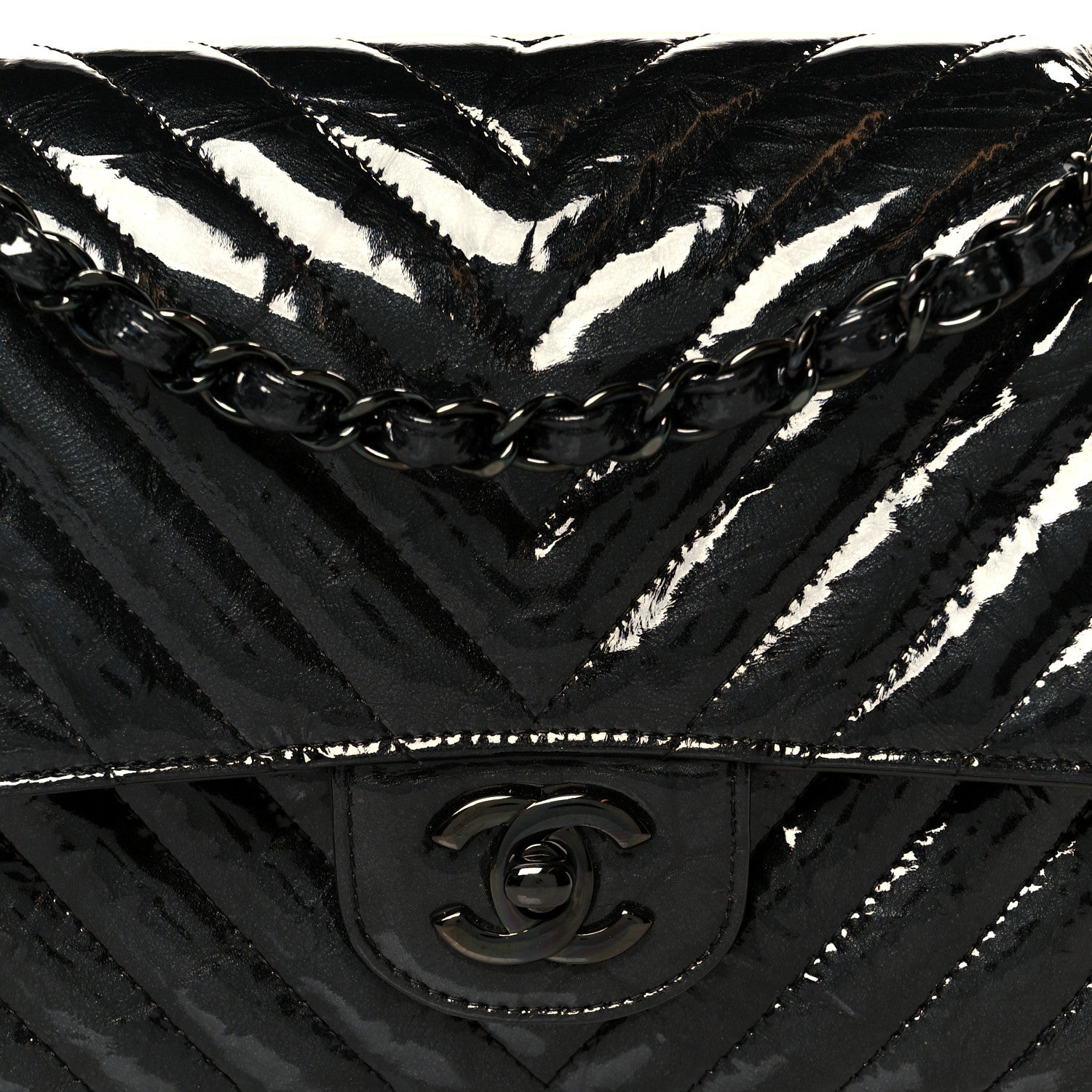 Chanel Metallic Patent Crumpled Calfskin Chevron Quilted Medium Double Flap So Black 9 of 11