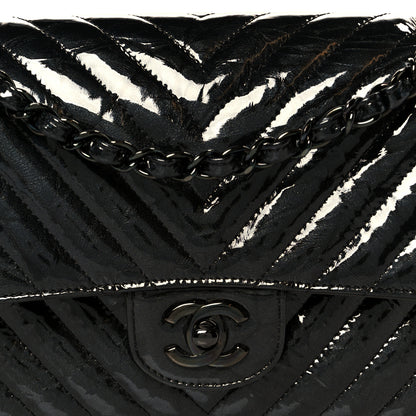 Chanel Metallic Patent Crumpled Calfskin Chevron Quilted Medium Double Flap So Black 9 of 11