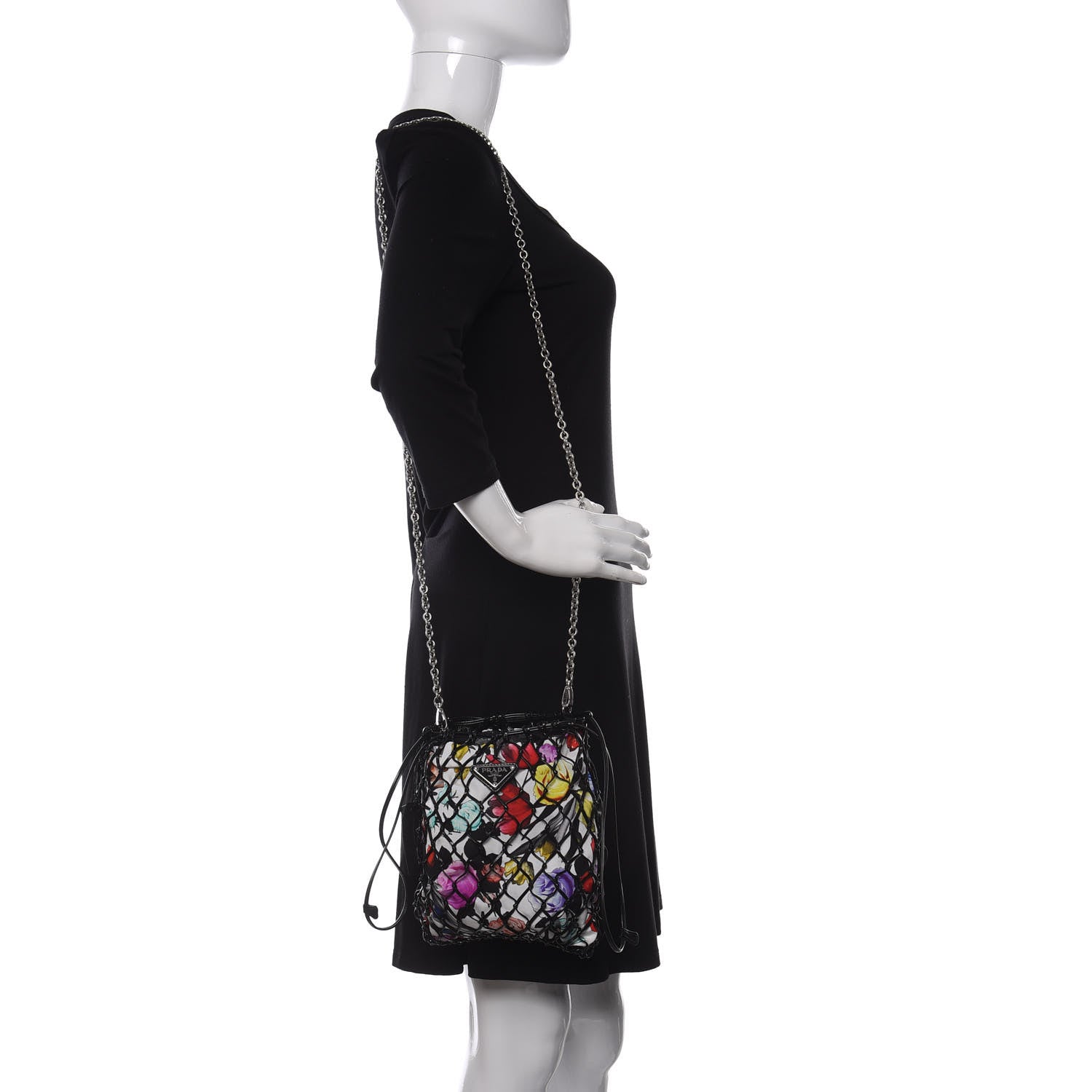 Prada Fabric Calfskin Floral Print Net Chain Bag Black Multicolor 2 of 11