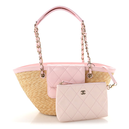 Chanel Raffia Braided Lambskin Small Wicker Tote Beige Light Pink 2 of 11