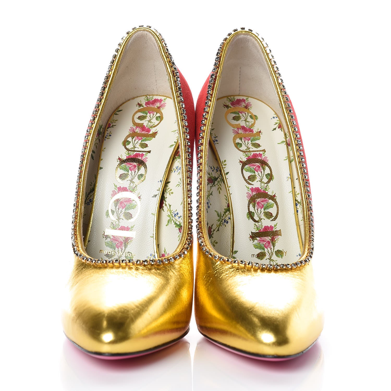 Gucci Metallic Nappa Kid Scamosciato Elaphe Snakeskin Peachy Pumps 36.5 Oro Red Roccia 2 of 9