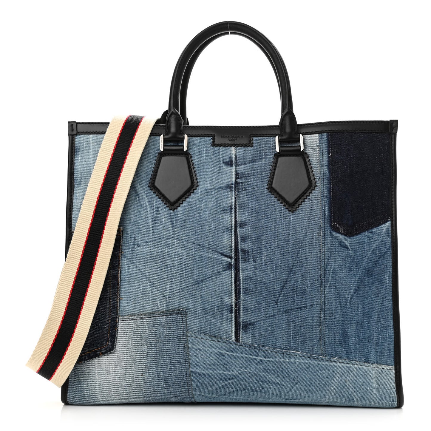 Calfskin Denim Patchwork Edge Shopper Tote Blue