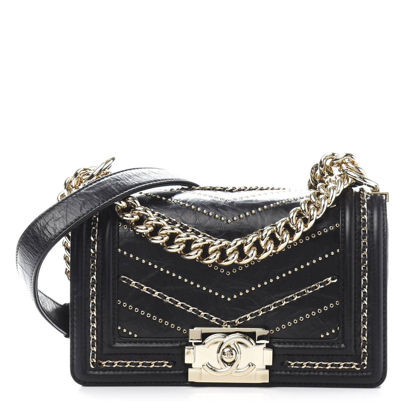 Calfskin Crystal Studded Chevron Small Boy Flap Black