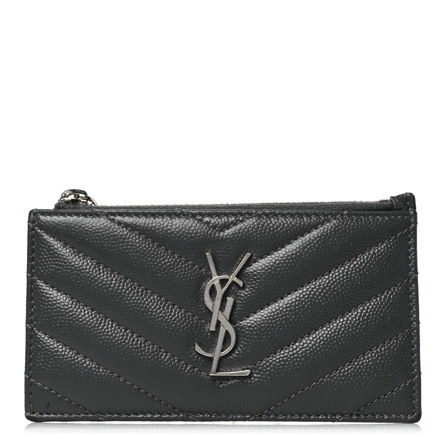 Saint Laurent Grain De Poudre Matelasse Chevron Monogram Fragments Zippered Card Case Fog 1 of 9