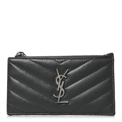 Saint Laurent Grain De Poudre Matelasse Chevron Monogram Fragments Zippered Card Case Fog 1 of 9