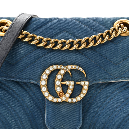 Gucci Denim Matelasse Mini Pearly GG Marmont Shoulder Bag Blue 25 of 31