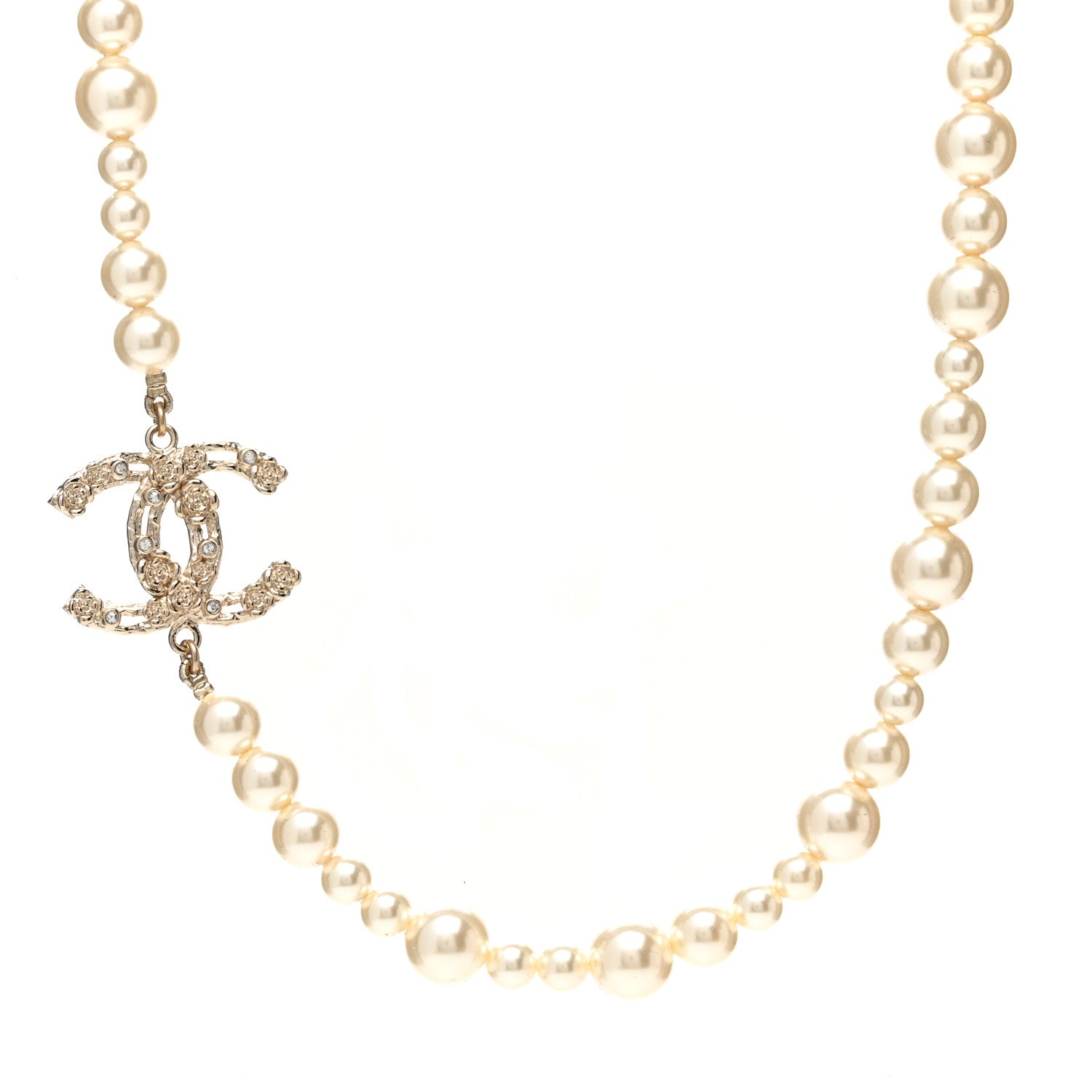 Chanel Pearl Crystal CC Camellia Short Necklace Gold 1 of 6