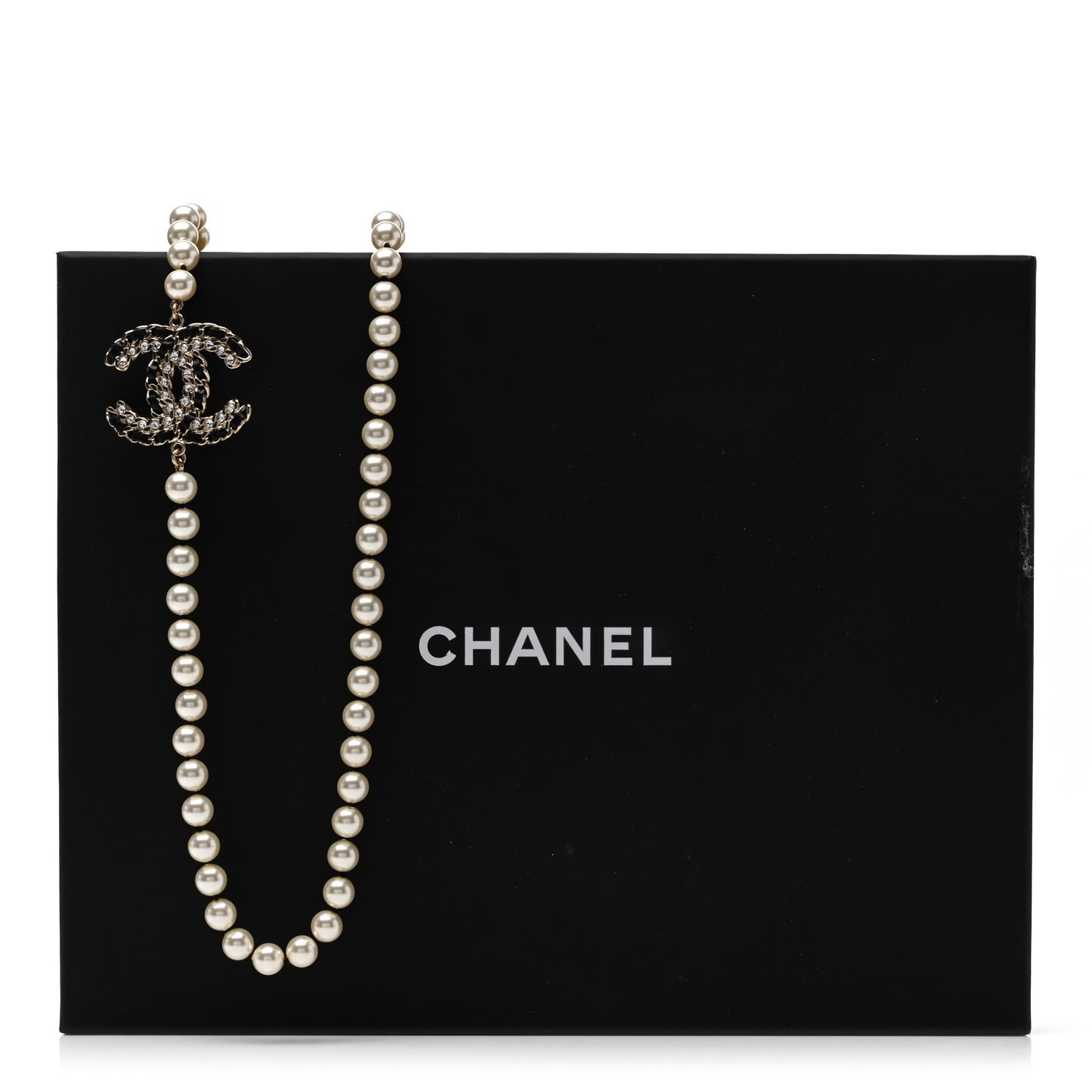 Pearl Crystal Lambskin CC Long Necklace Gold Black