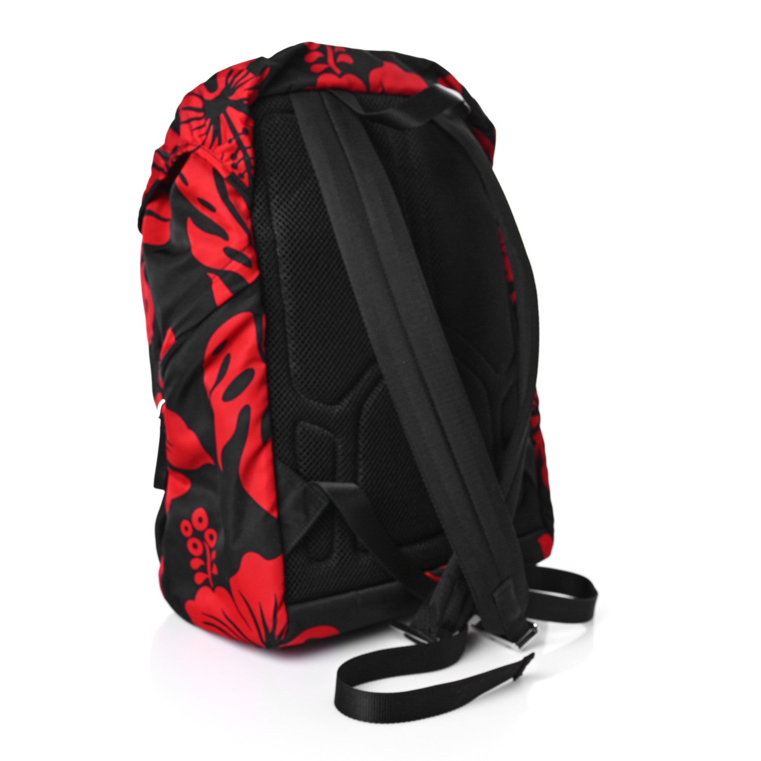 Prada Tessuto Hibiscus Print Double Buckle Backpack Black Rosso 3 of 9