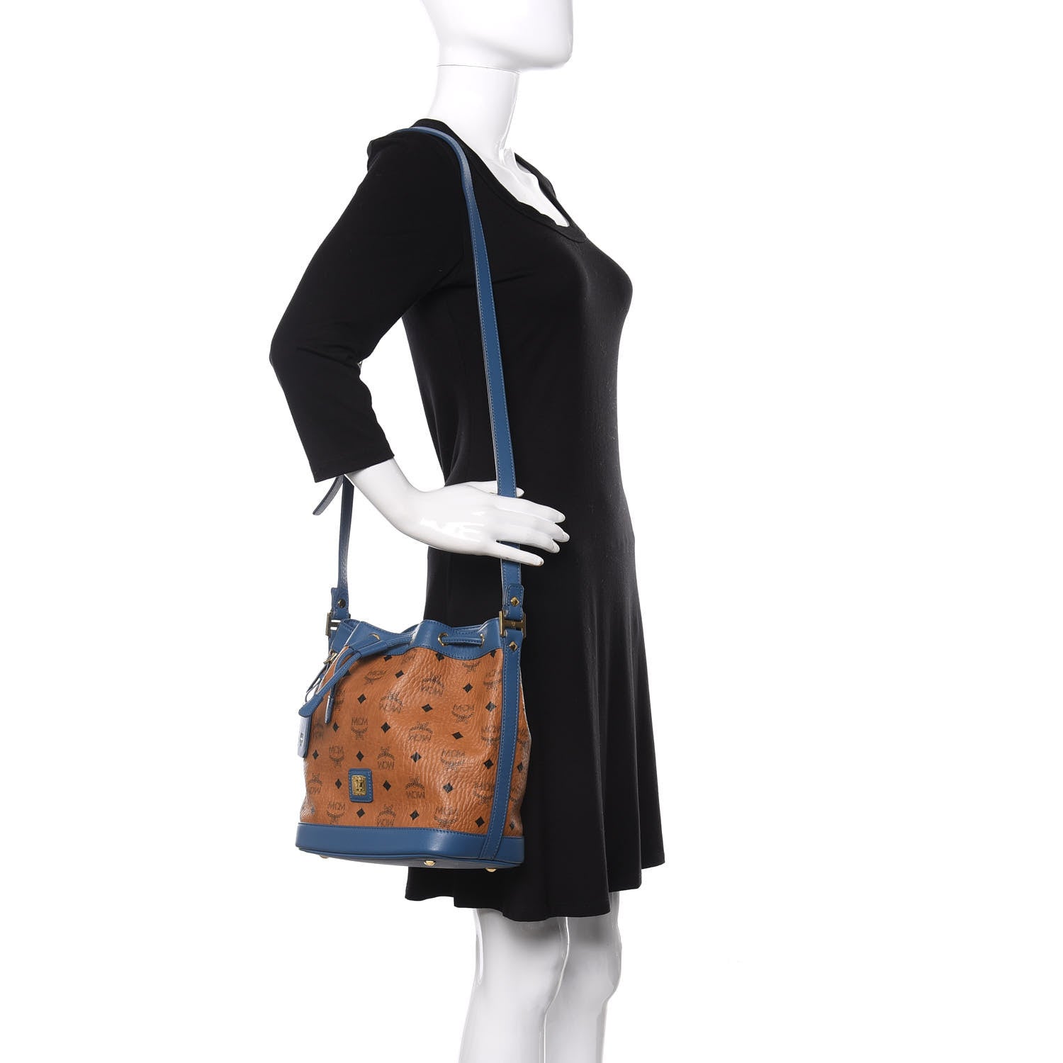 MCM Visetos Small Heritage Drawstring Bucket Bag Cognac Blue 2 of 10