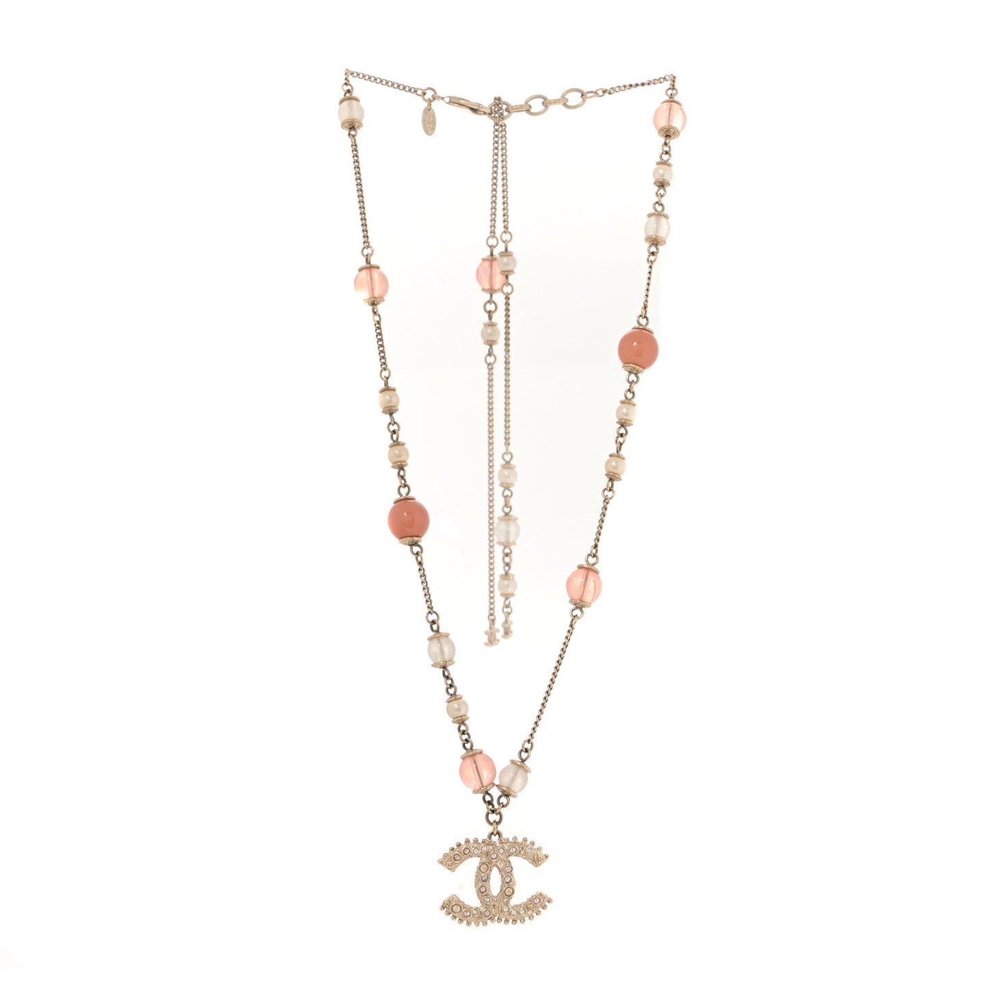 Beaded Pearl Crystal CC Long Necklace Gold Coral