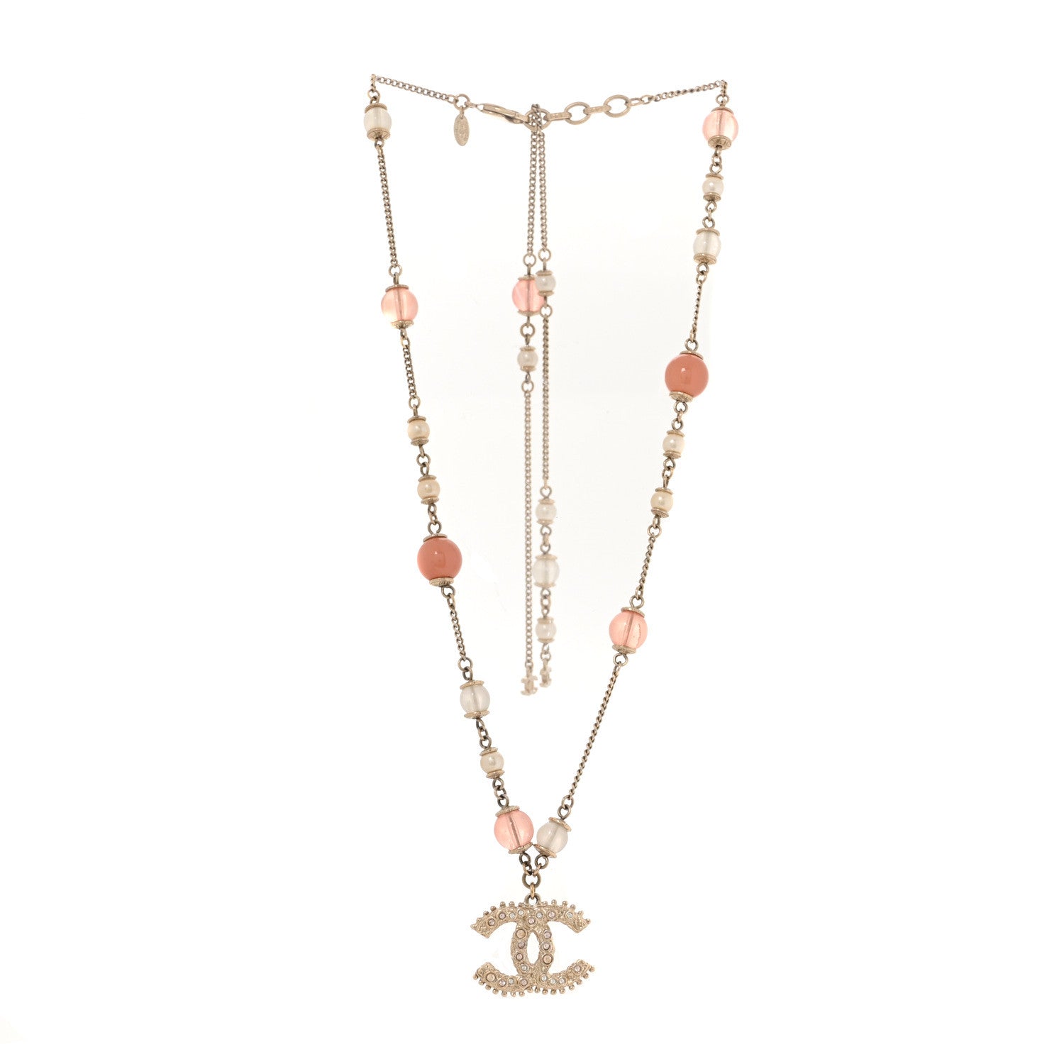 Chanel Beaded Pearl Crystal CC Long Necklace Gold Coral 3 of 5