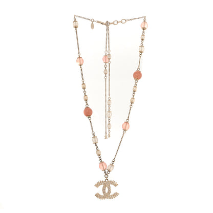 Chanel Beaded Pearl Crystal CC Long Necklace Gold Coral 3 of 5