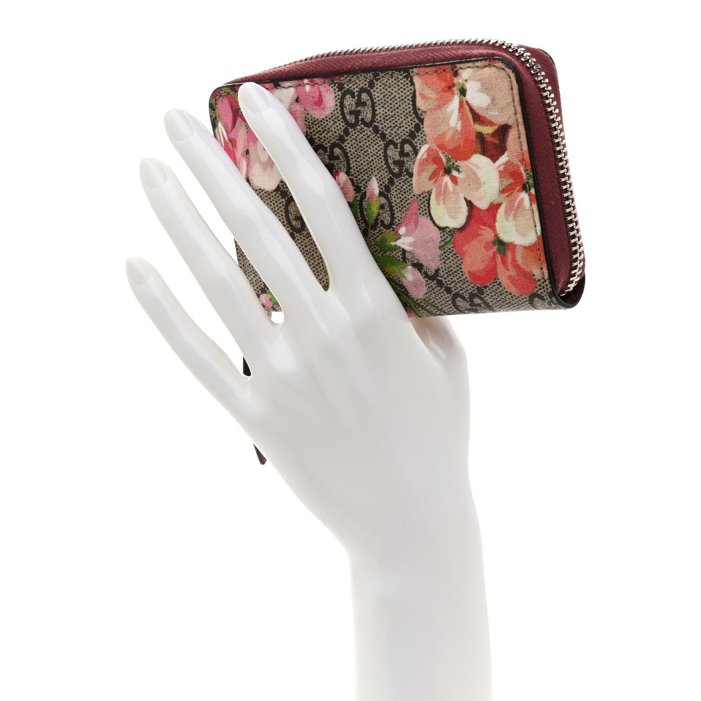 GG Supreme Monogram Blooms Zip Around Card Case Wallet Beige Multicolor Dry Rose