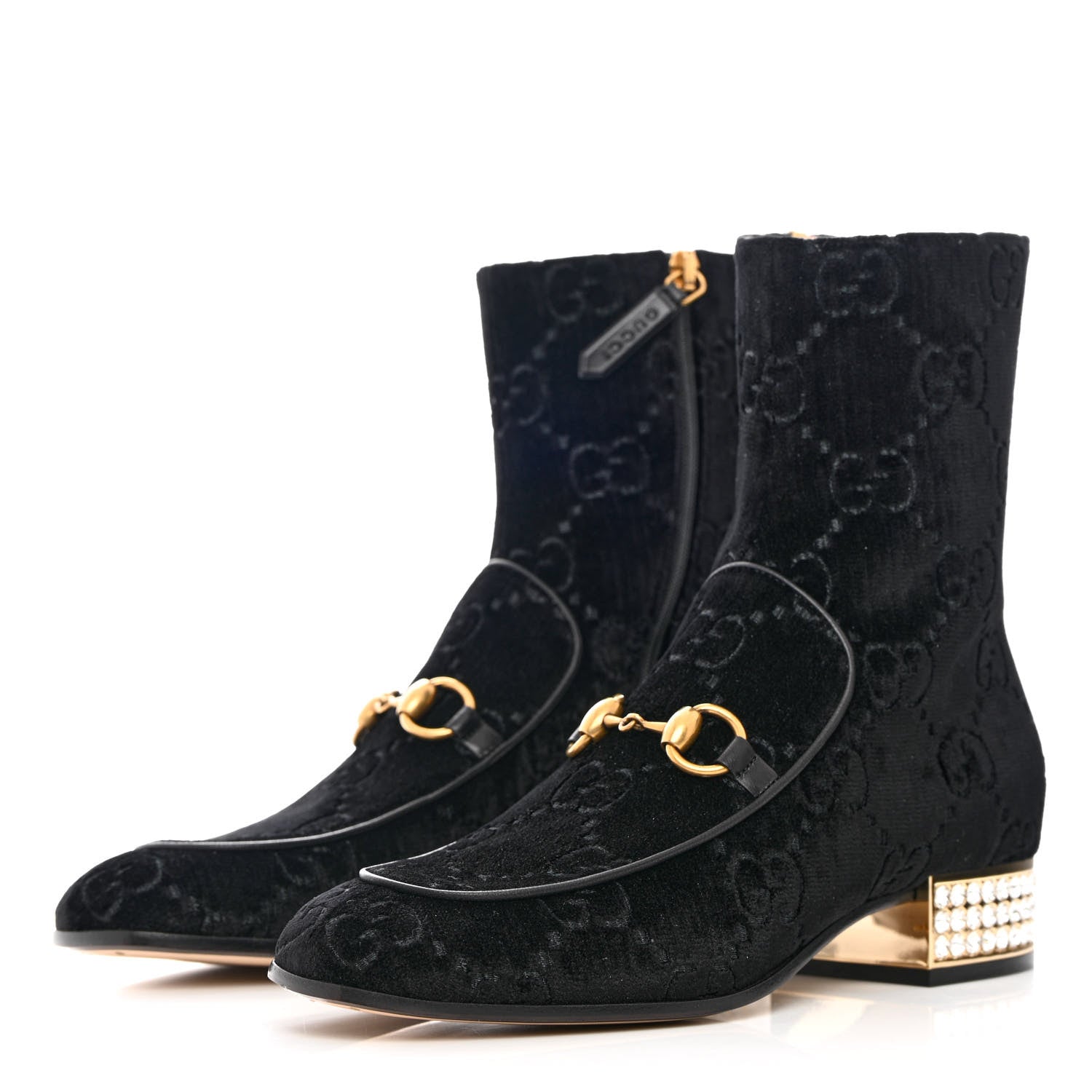 Gucci Velvet GG Monogram Crystal Horsebit Ankle Boots 37.5 Black 3 of 9
