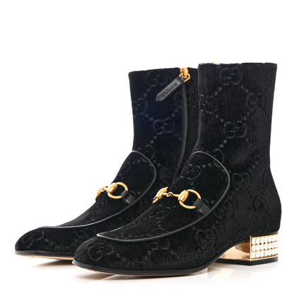 Gucci Velvet GG Monogram Crystal Horsebit Ankle Boots 37.5 Black 3 of 9