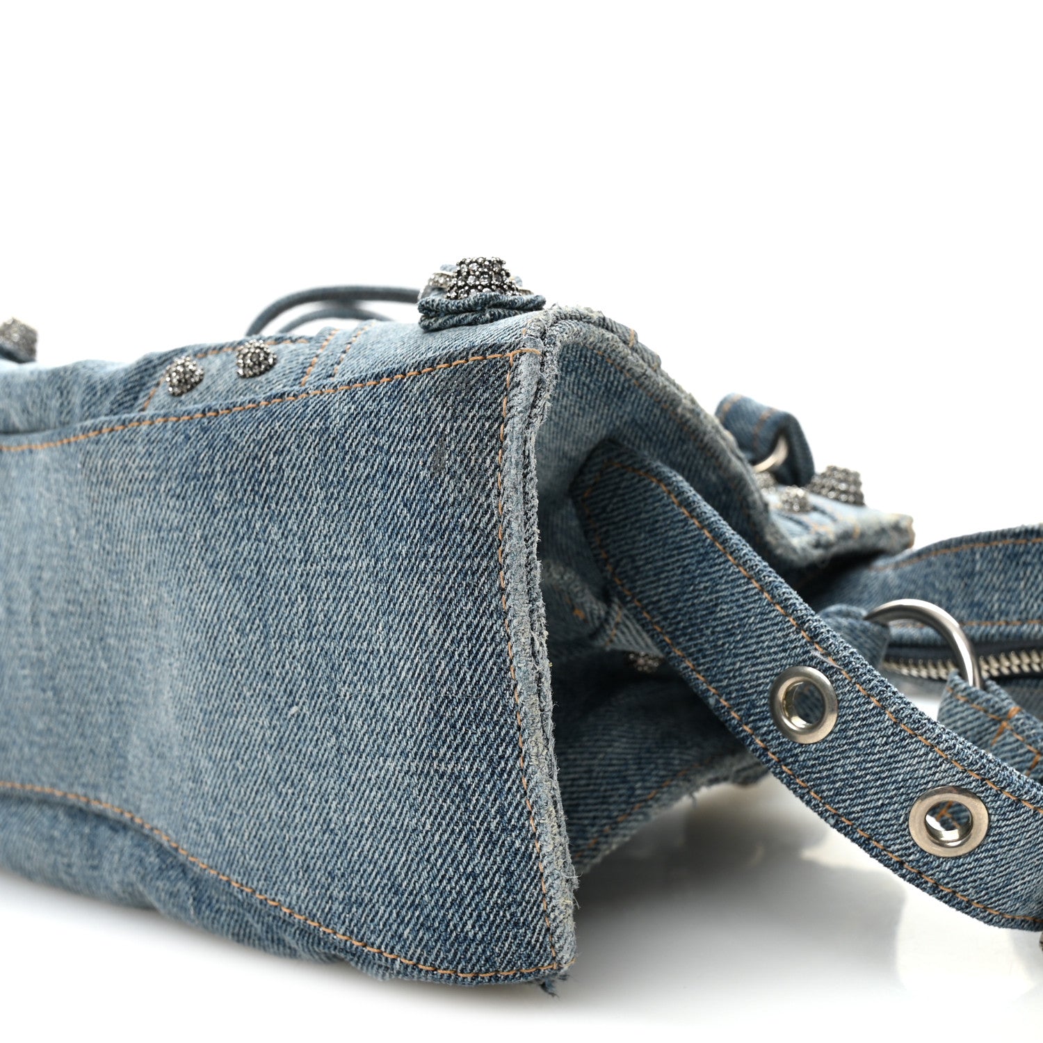 Balenciaga Washed Frayed Denim Crystal Neo Cagole Handbag XS Blue