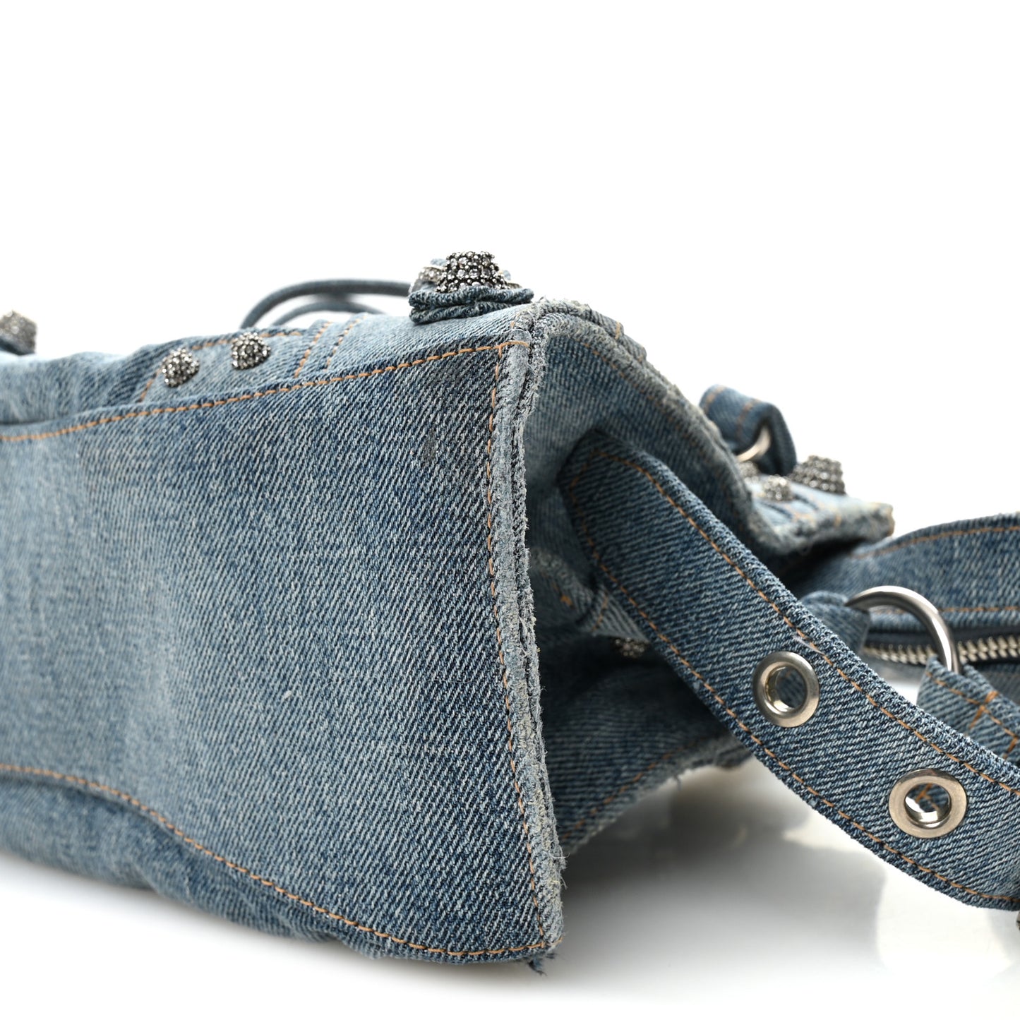 Washed Frayed Denim Crystal Neo Cagole Handbag XS Blue
