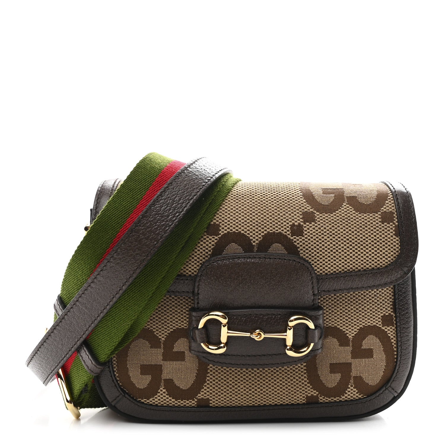Gucci Monogram Jumbo GG Textured Dollar Calfskin Web Mini Horsebit 1955 Shoulder Bag Camel Ebony New Acero 1 of 9