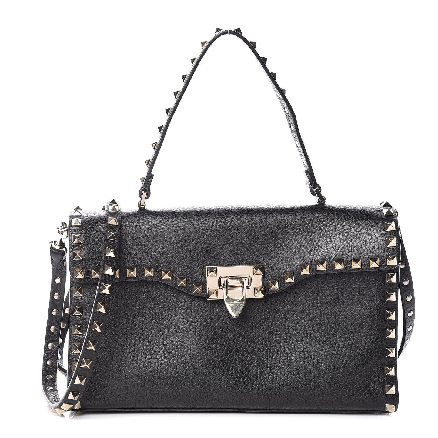 Pebbled Calfskin Small Rockstud Single Handle Flap Bag Black