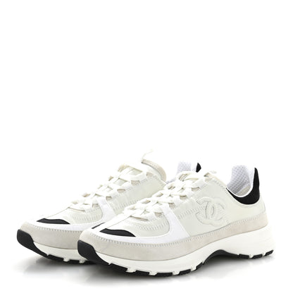 Chanel Suede Calfskin Womens CC Sneakers 37 White Black 4 of 9