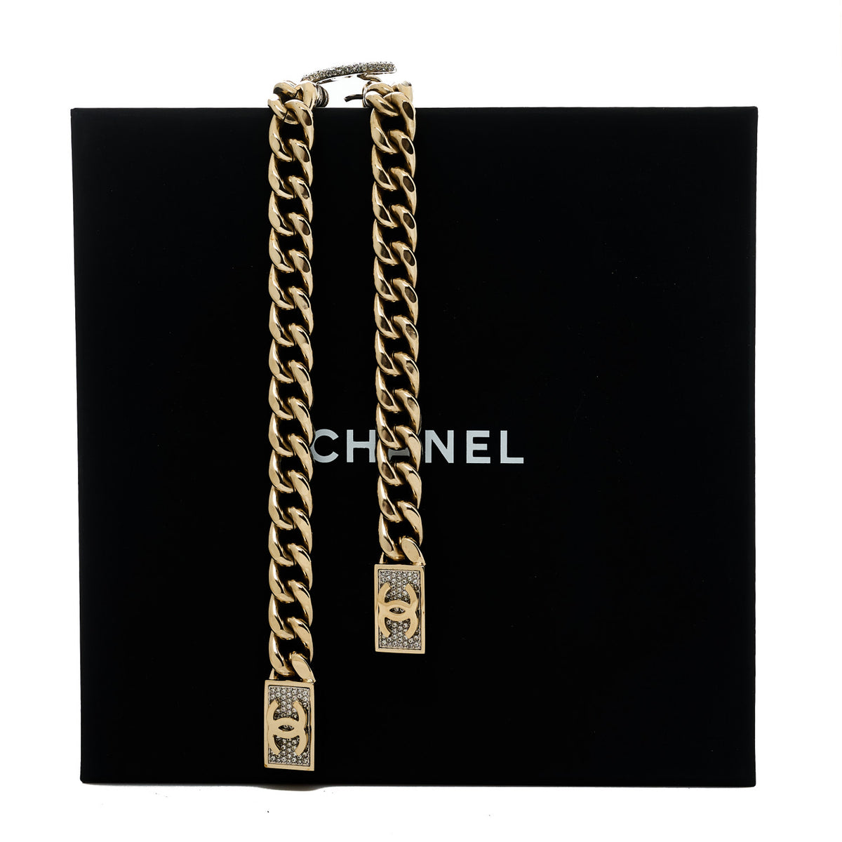 Chain Link Crystal CC Dog Tag Charm Necklace Gold