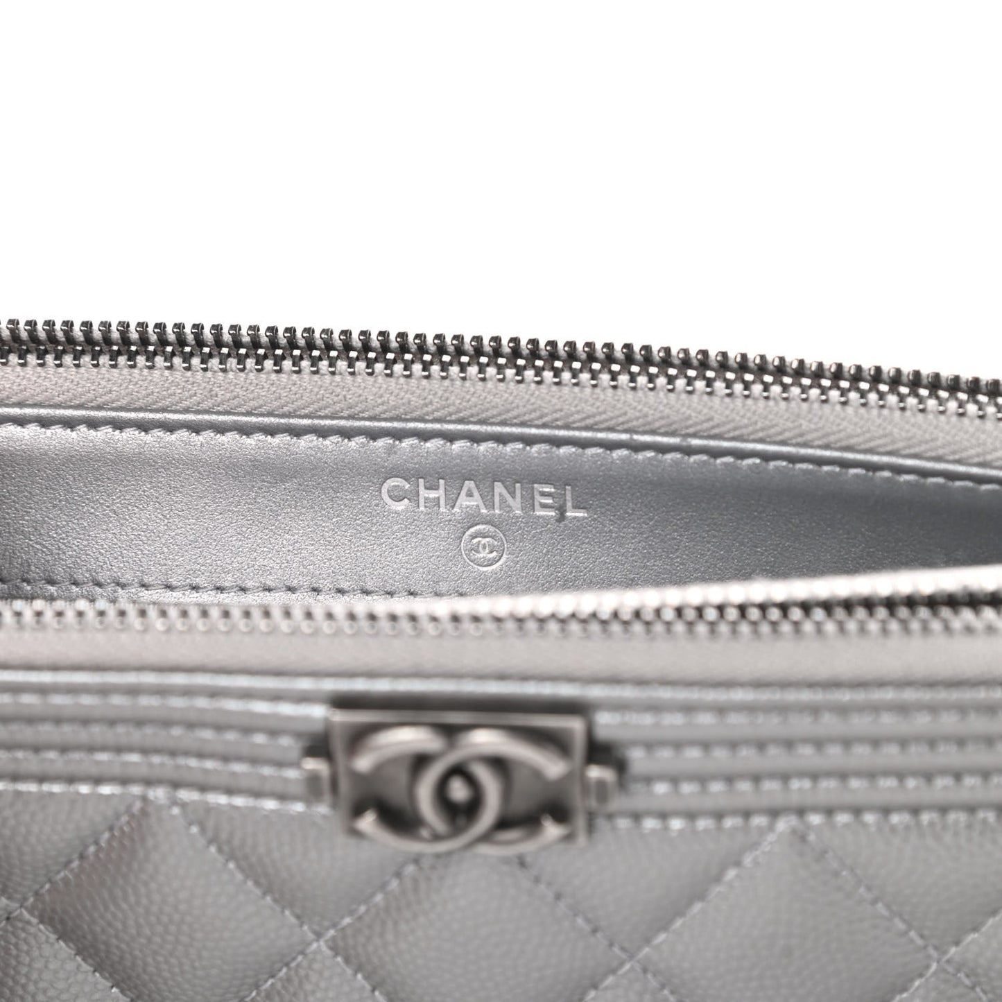 Metallic Caviar Quilted Small Boy Clutch With Chain Silver