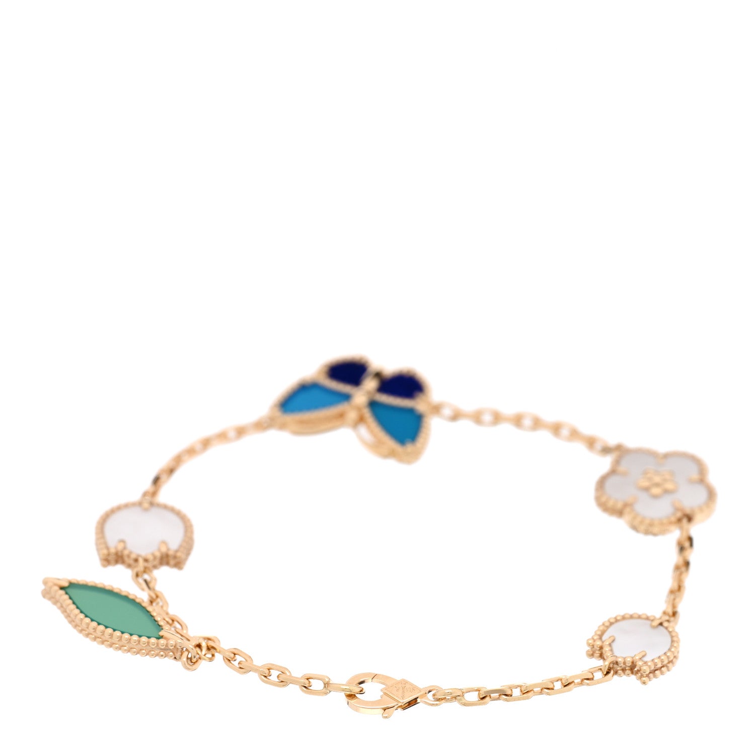 Van Cleef & Arpels 18K Yellow Gold Agate Lapis Lazuli Mother of Pearl 5 Motifs Lucky Spring Bracelet 2 of 4