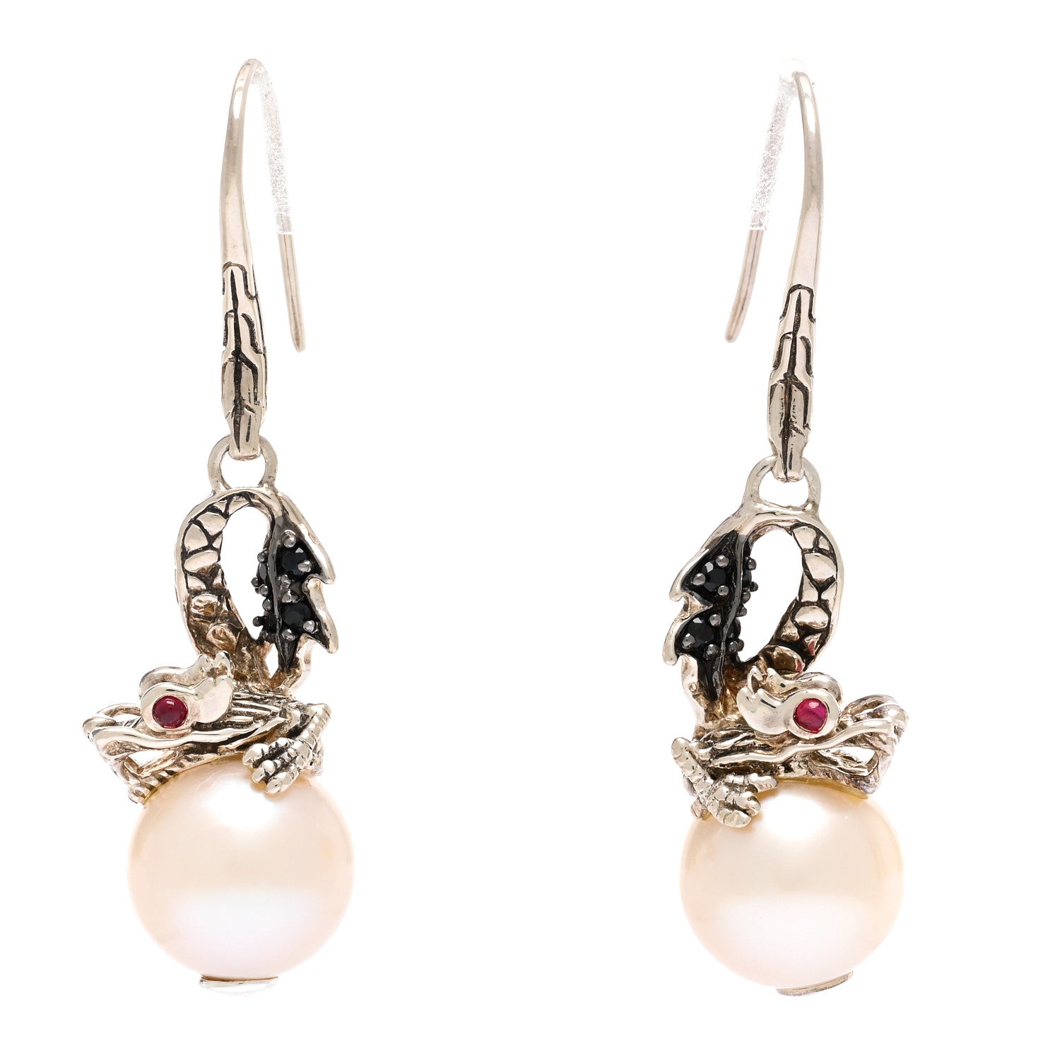 John Hardy Sterling Silver Pearl Black Sapphire Ruby Naga Drop Earrings 1 of 5