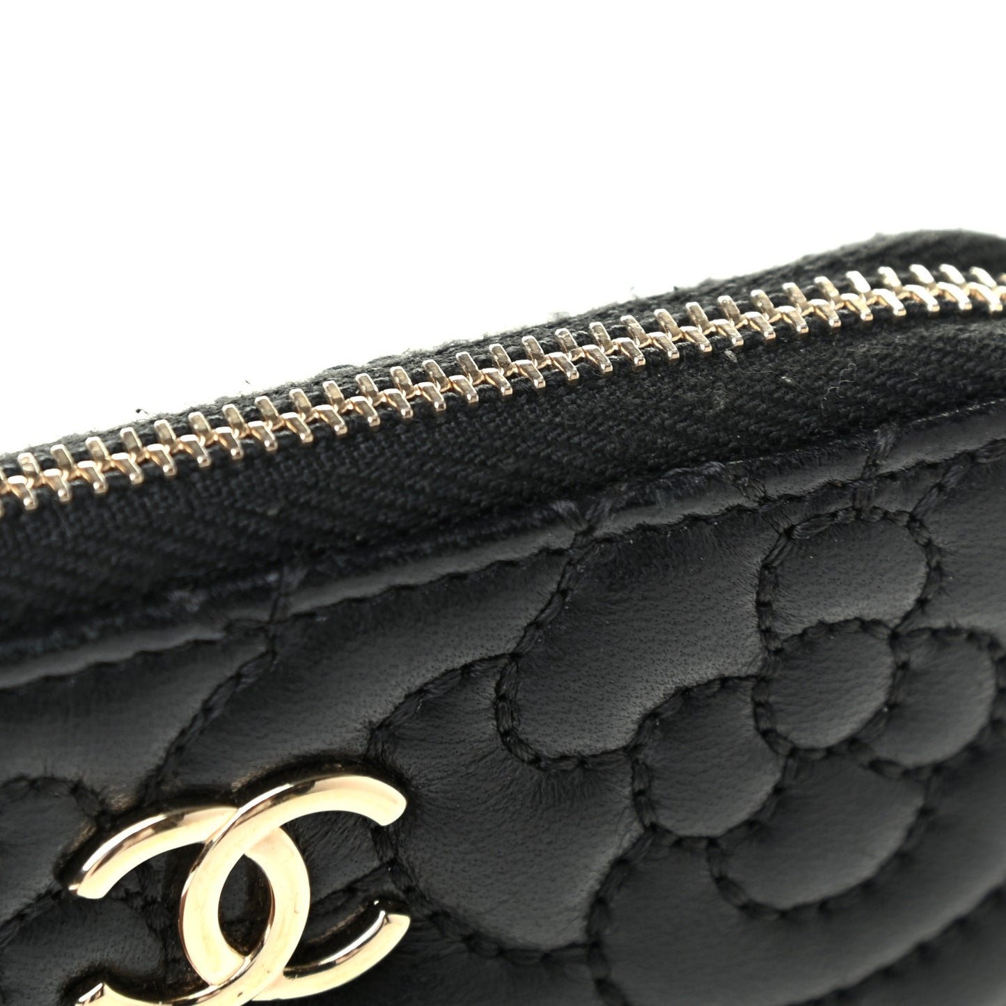 Lambskin Camellia Embossed Key Holder Case Black