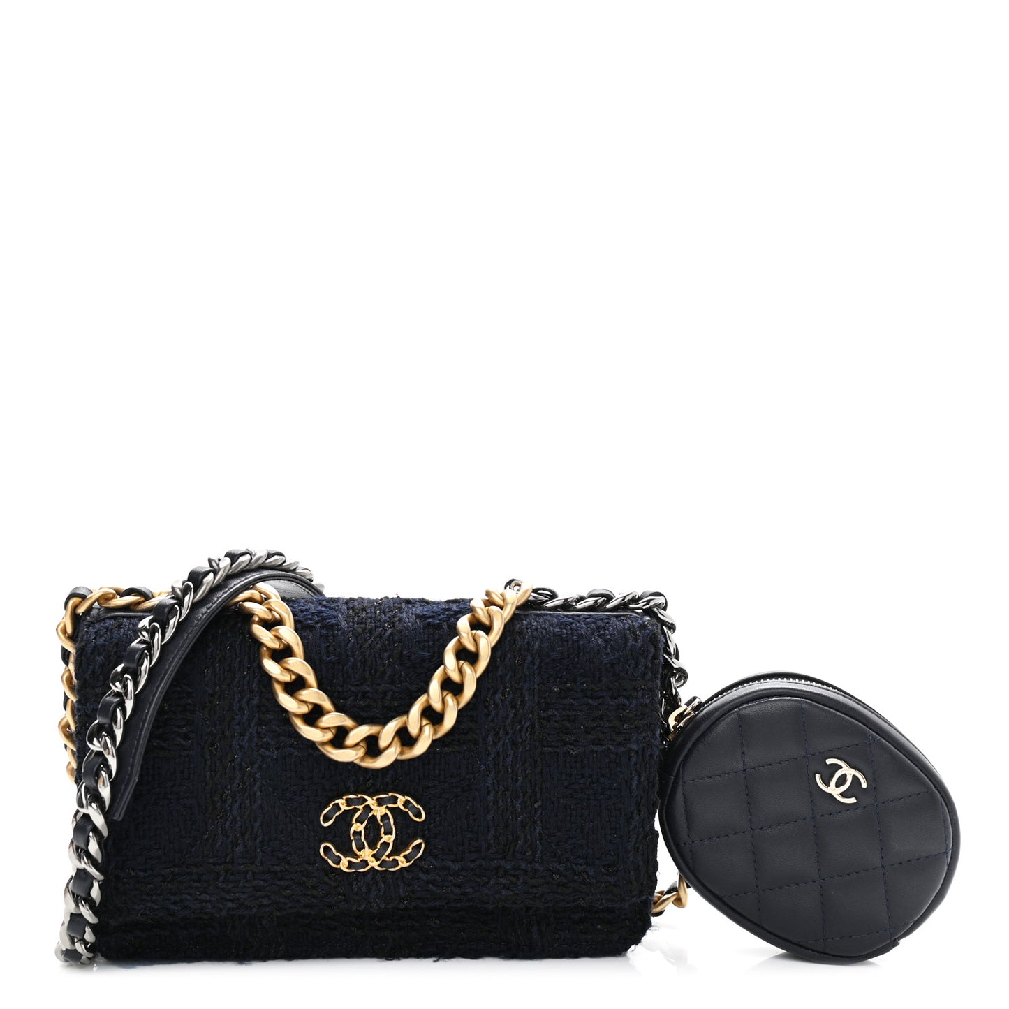 Wool Tweed Lambskin Quilted Chanel 19 Wallet On Chain WOC and Coin Purse Blue Black