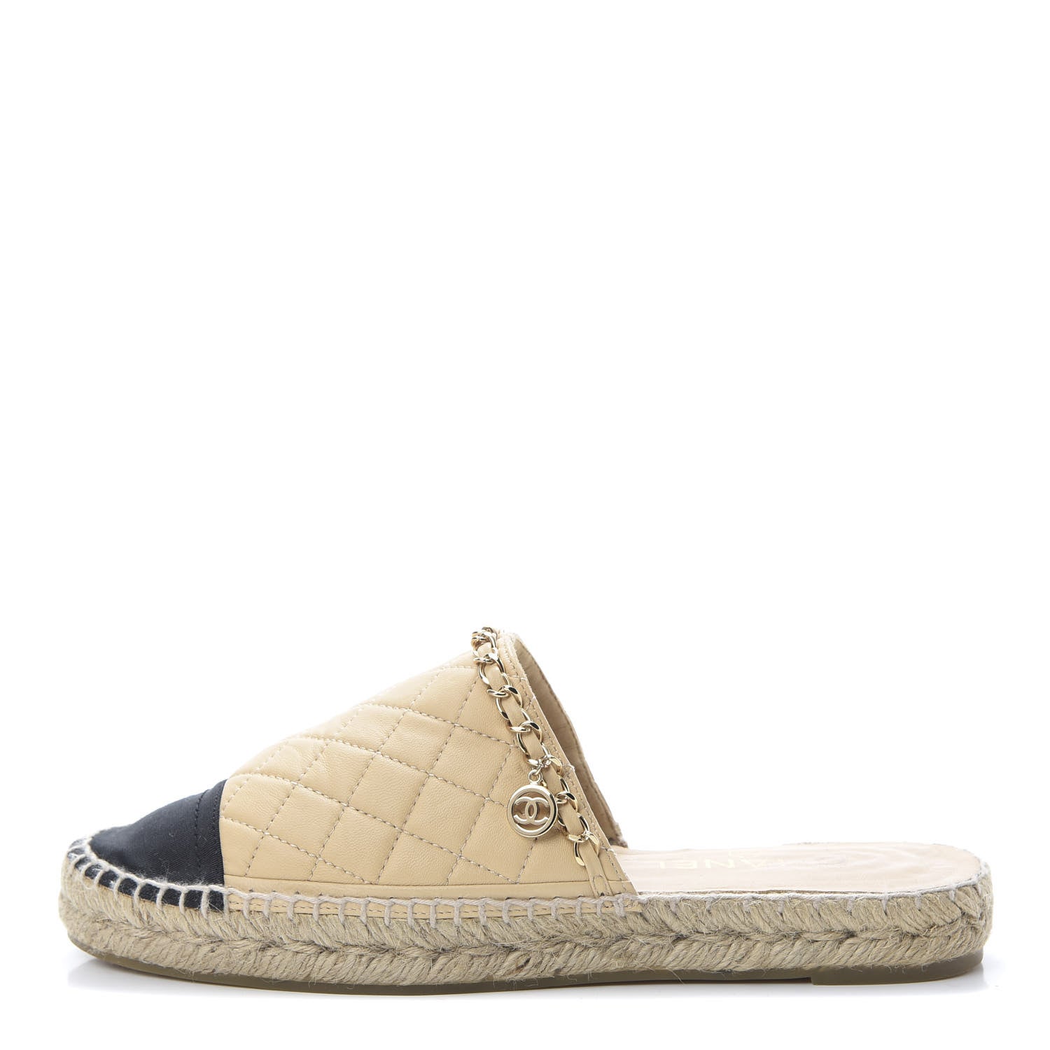 Chanel Lambskin Grosgrain Quilted CC Chain Espadrille Mules 39 Beige Black 1 of 11
