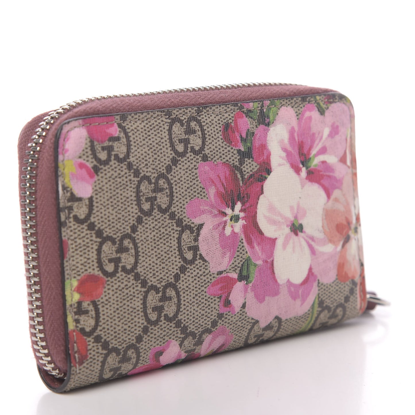 GG Supreme Monogram Blooms Zip Around Card Case Wallet Beige Multicolor Dry Rose
