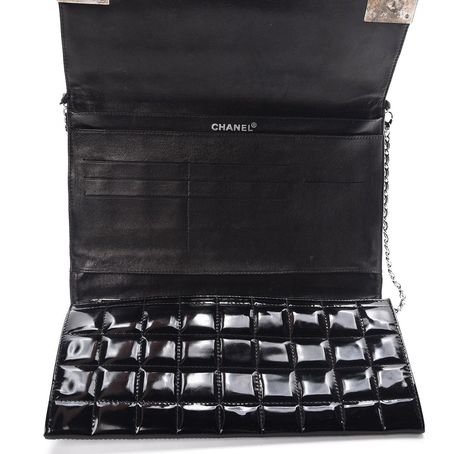 Patent Chocolate Bar Chain Clutch Black