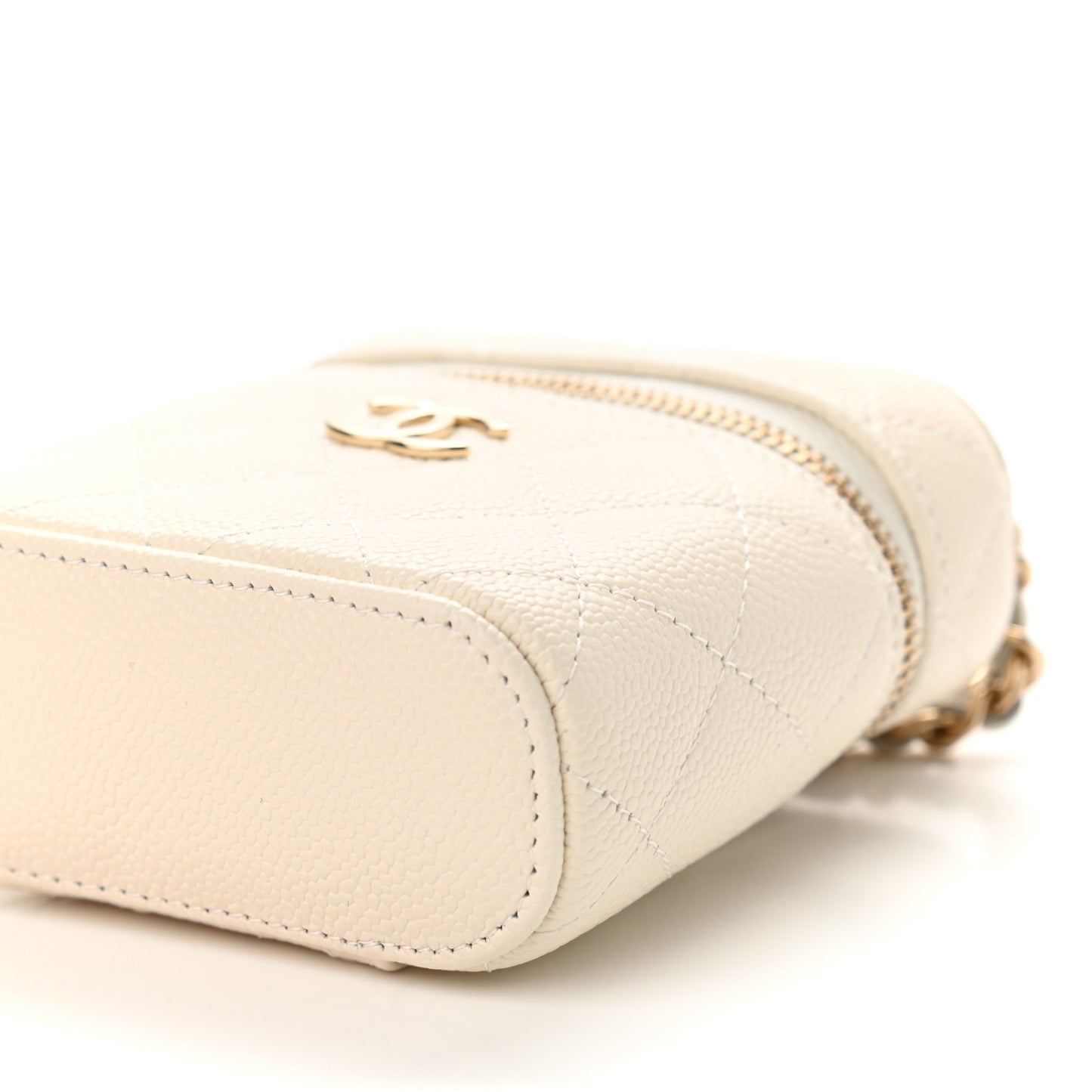 Caviar Quilted Small Handle With Care Vanity Case With Chain White