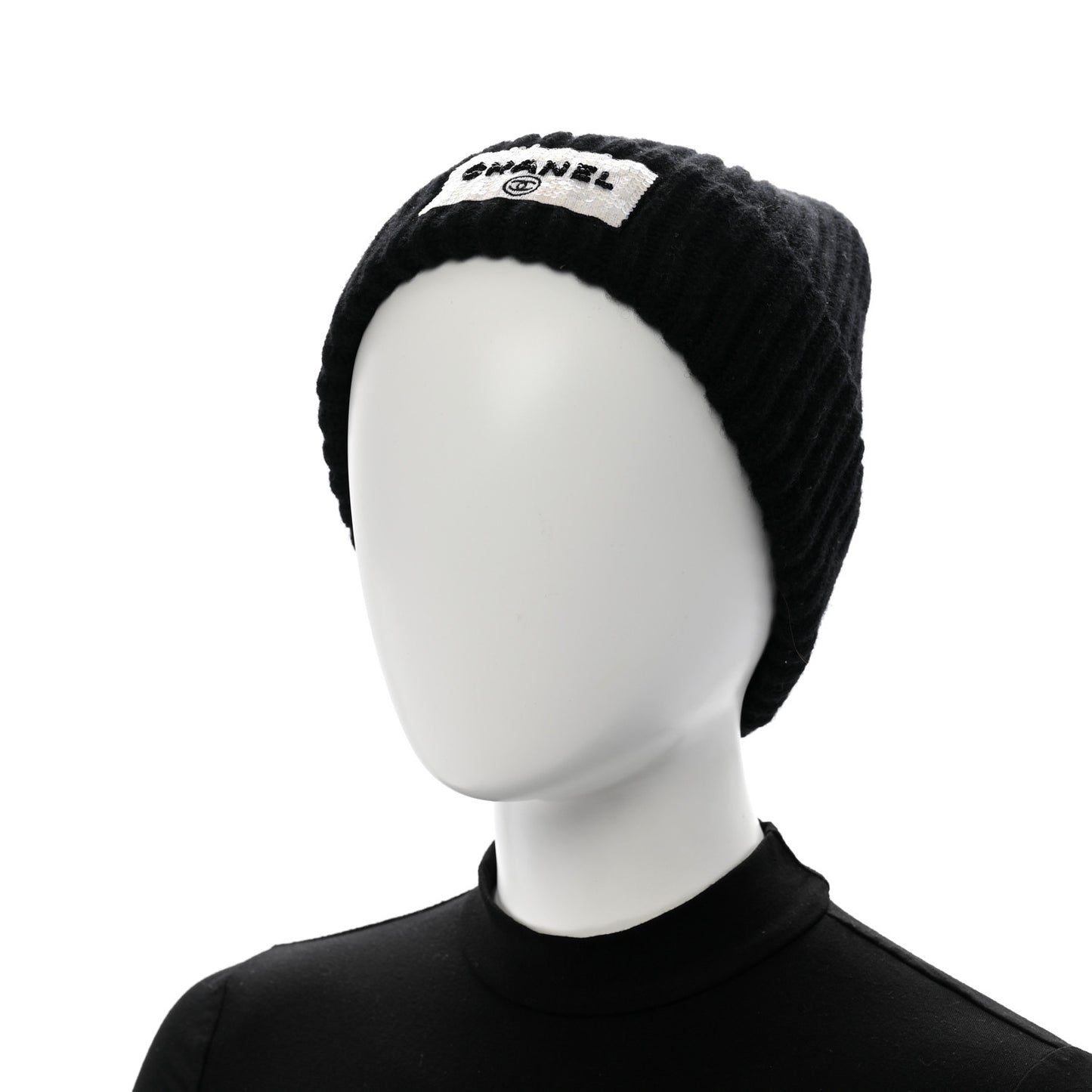 Cashmere Beaded Sequin Logo Beanie Hat Black