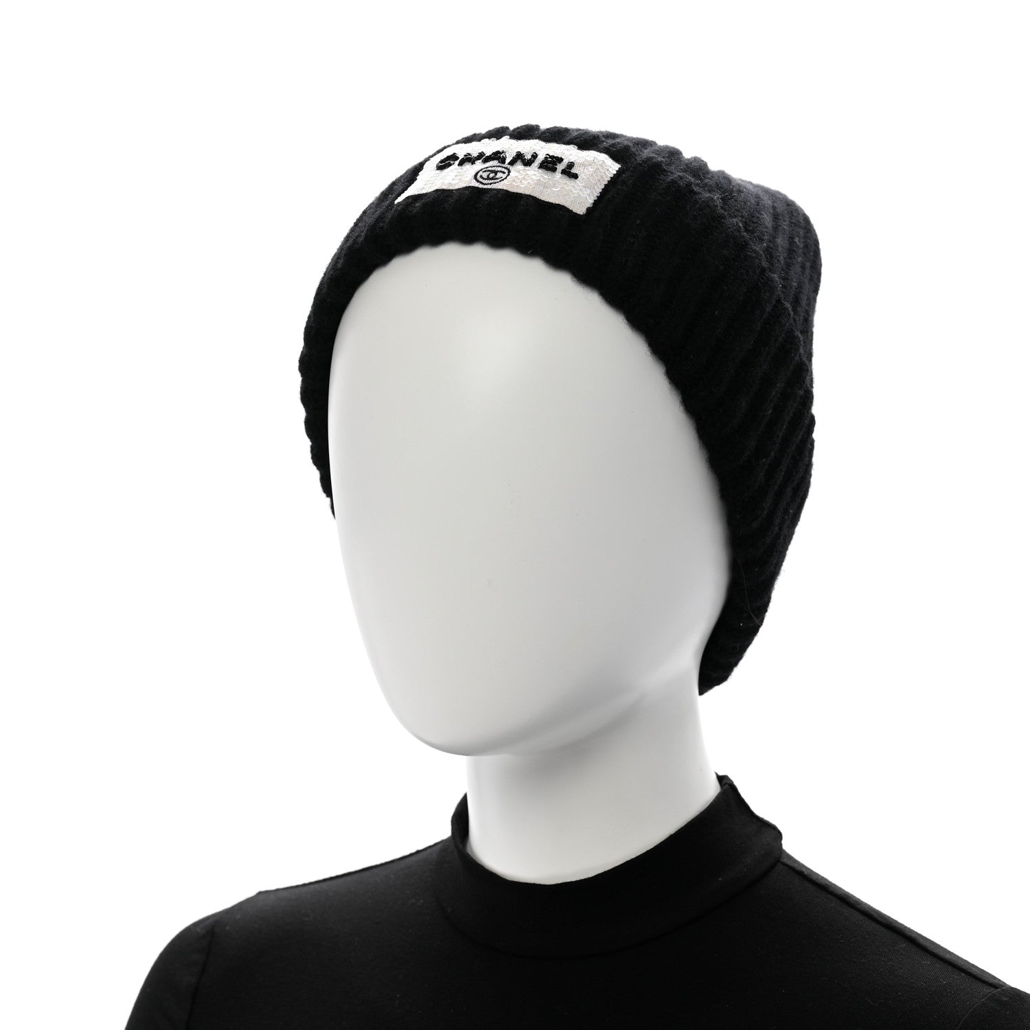 Chanel Cashmere Beaded Sequin Logo Beanie Hat Black 2 of 6