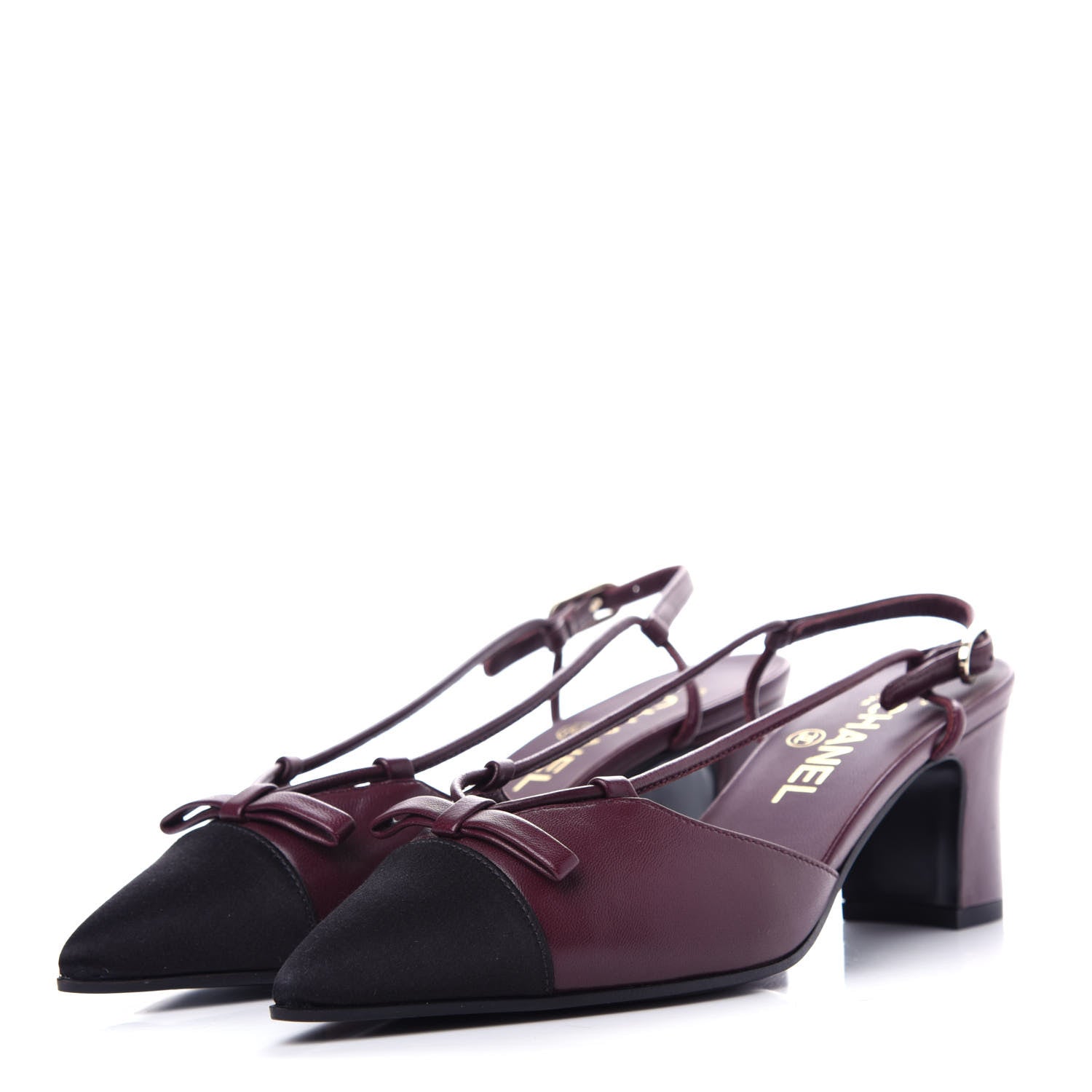 product image of CHANEL Lambskin Satin Slingback Cap Toe Bow Pumps 36.5 Burgundy Black FASHIONPHILE