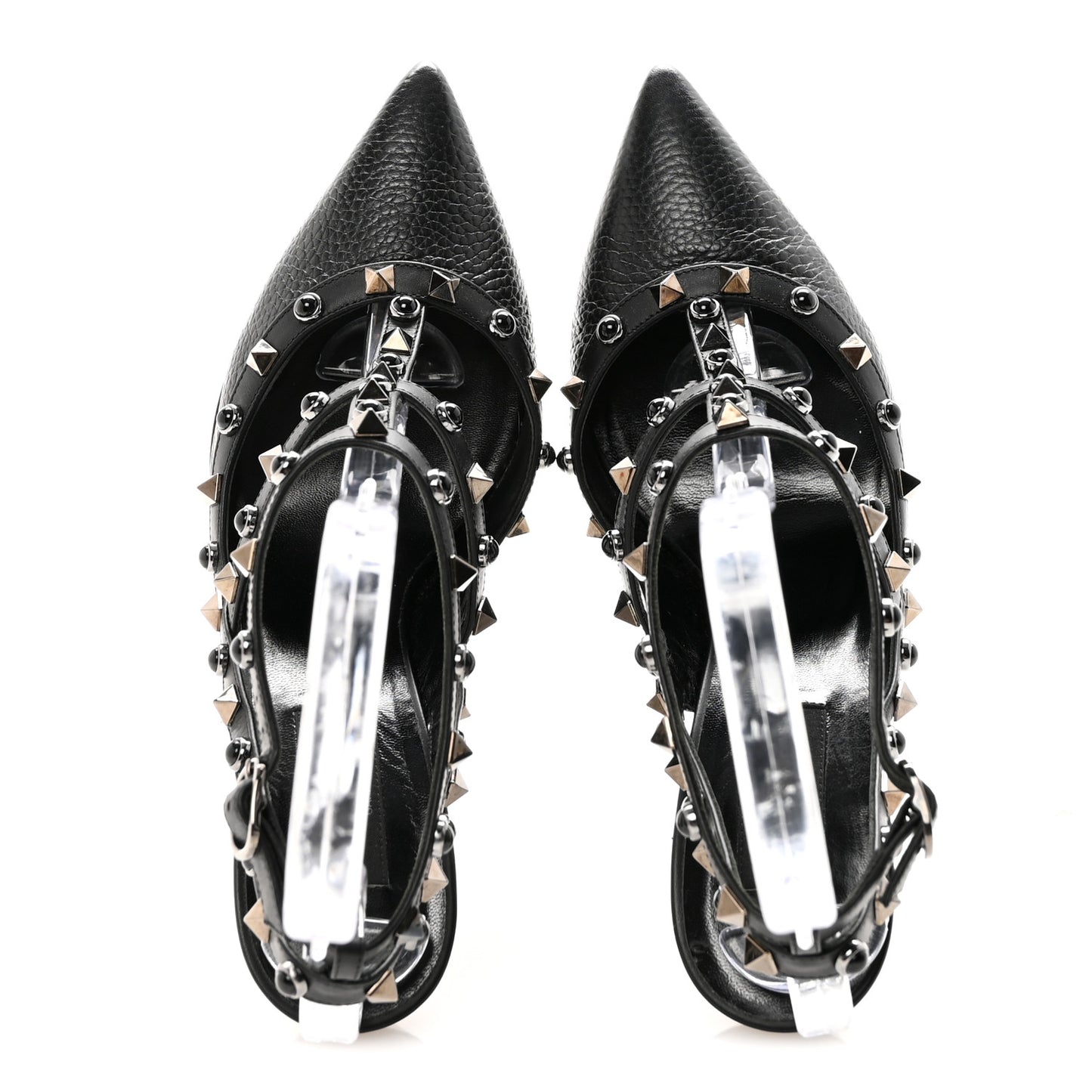 Pebbled Calfskin Onyx Rockstud Rolling Ankle Strap 100mm Pumps 39.5 Black