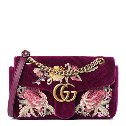 Gucci Velvet Matelasse Embroidered Small GG Marmont Shoulder Bag Fuchsia Violet Cyclamen 1 of 4