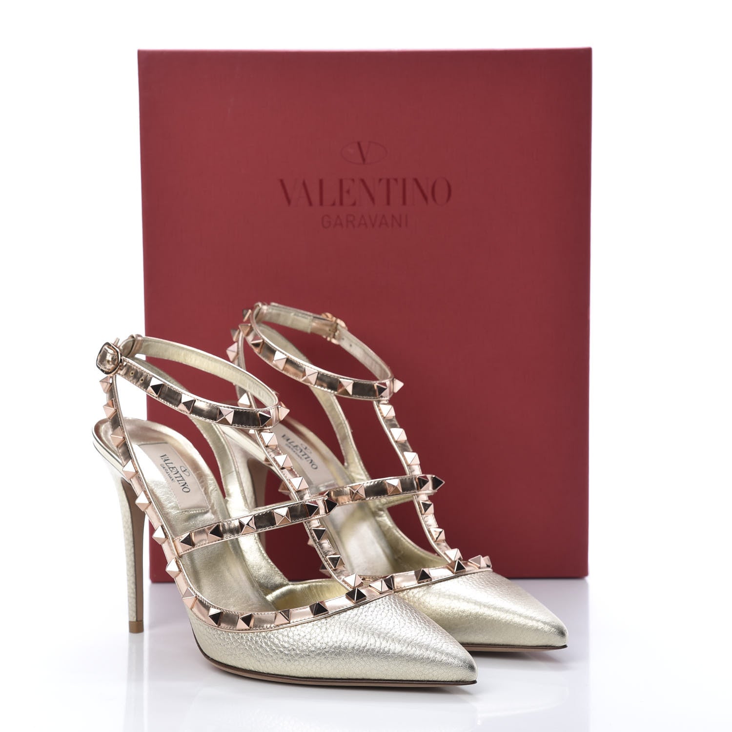Valentino Garavani Metallic Pebbled Calfskin Rockstud Ankle Strap 100mm Pumps 39.5 Rame Sahara 12 of 13