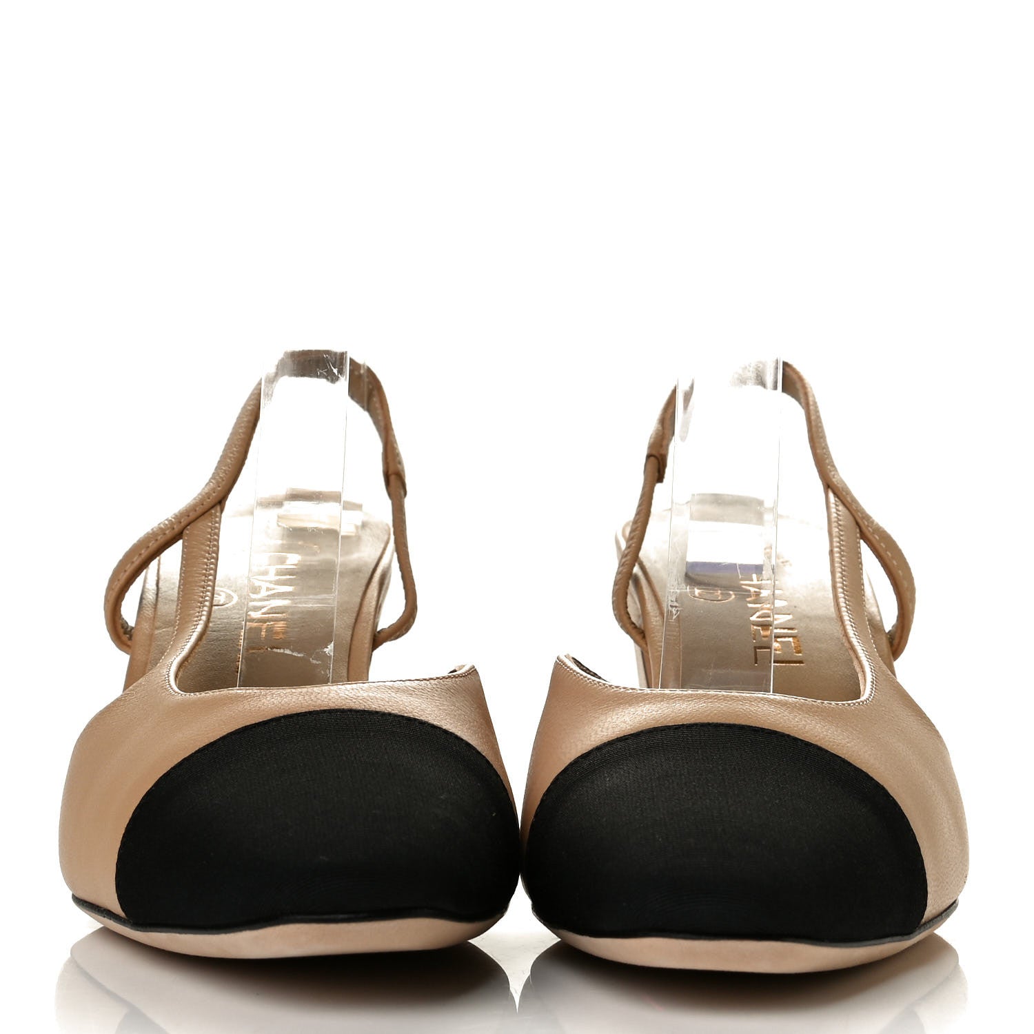 Chanel Goatskin Grosgrain Cap Toe CC Slingback Pumps 39 Beige Black 2 of 7