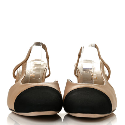 Chanel Goatskin Grosgrain Cap Toe CC Slingback Pumps 39 Beige Black 2 of 7