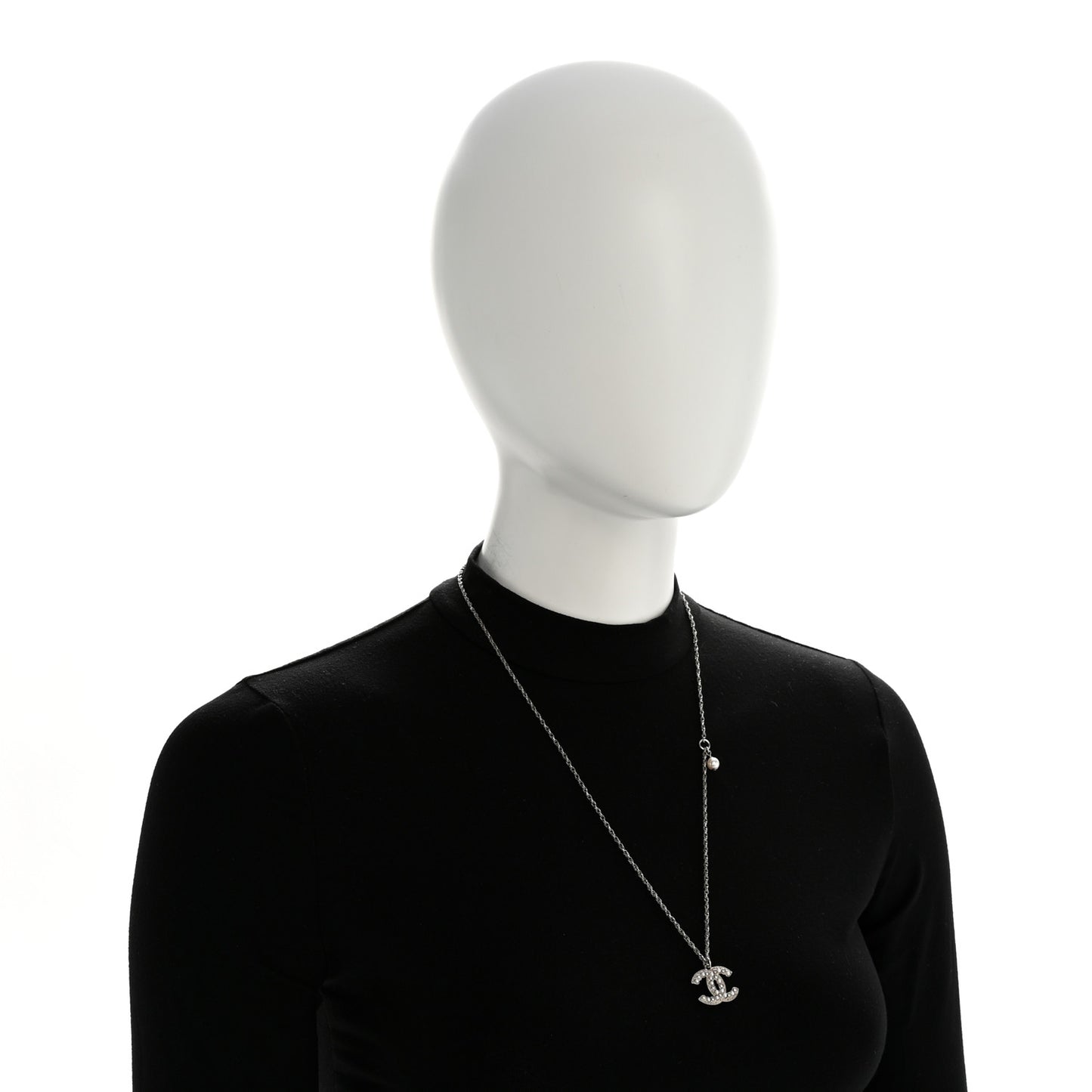 Crystal Pearl CC Pendant Necklace Silver