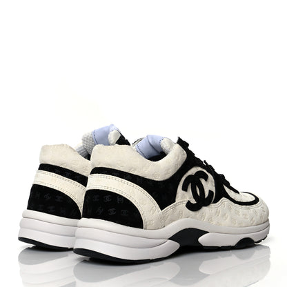 Chanel Suede Calfskin Womens CC Printed Sneakers 38.5 White Black 4 of 9