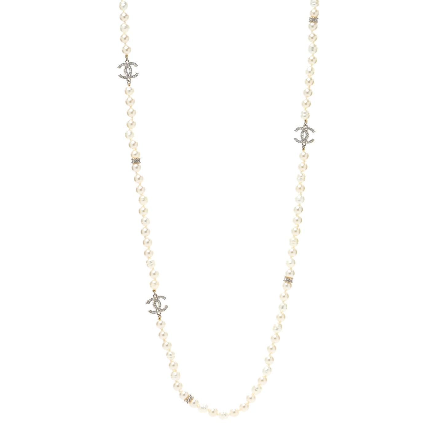 Pearl Crystal CC Long Necklace Gold